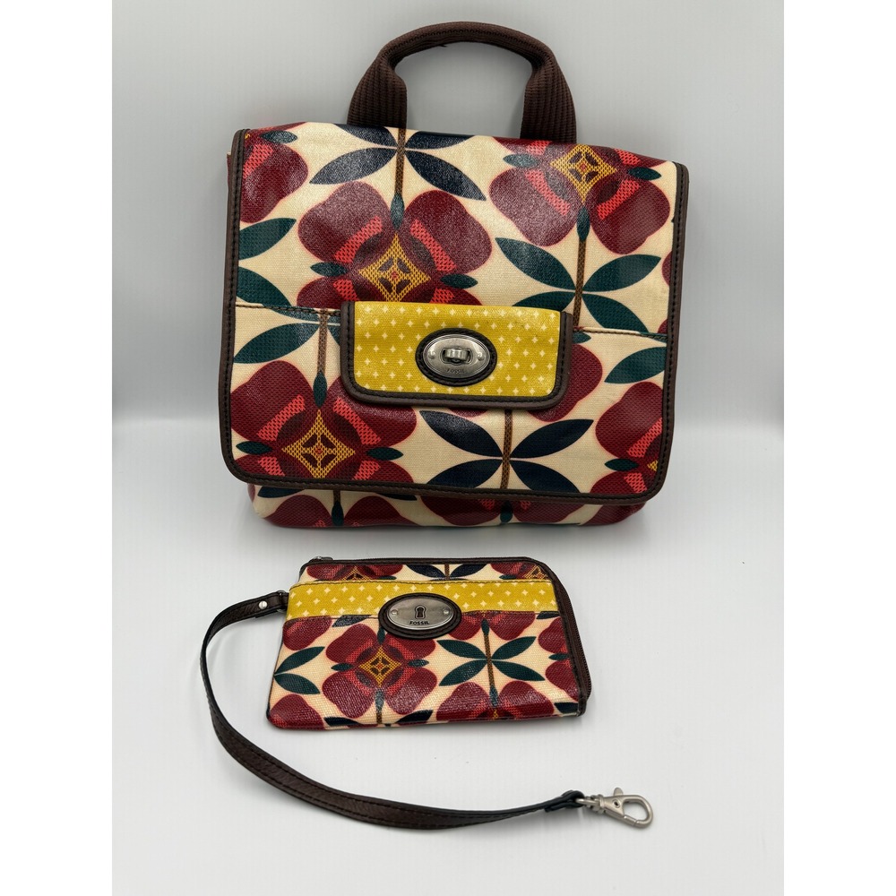 Fossil Women Crossbody Bag & Wristlet Set Floral Coated Canvas Multi Key-Per